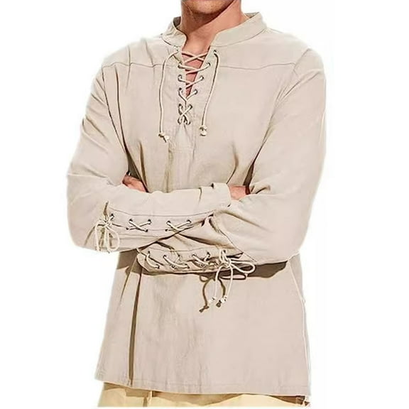 Fengactive Men's Lace Up Shirts Casual Long Sleeve Mock Neck Solid Color Henley Blouse Drawstring Arm Banded Tops