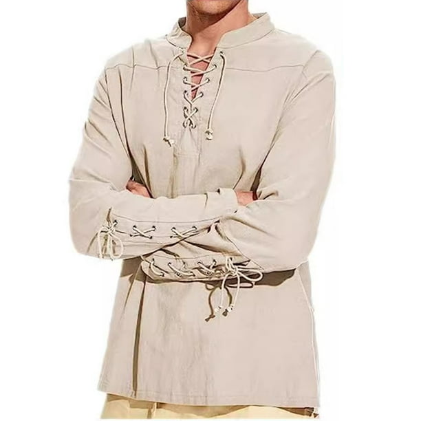 pstuiky Camisas de invierno de manga larga para hombre, Camisa de cuello alto estilo hippie de manga larga para hombre, estilo playero, estilo informal, de color liso salir tops xl