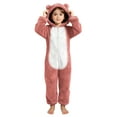 thumbnail image 3 of dazeni Girls Fuzzy Fleece Jumpsuit Cozy Zip up Onesie with Cute Bear Hooded Comfy Plush Sherpa Long Sleeve Romper Color Block One Piece Outfits Watermelon Red 4-5 Years, 3 of 6