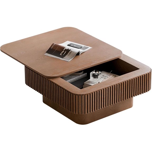 YWEN Coffee Table for Living Room, Accent Fluted Square Coffee Table with Hidden Storage, Modern Solid Wood Veneered Circle Center Tea Table for Small Space Apartment