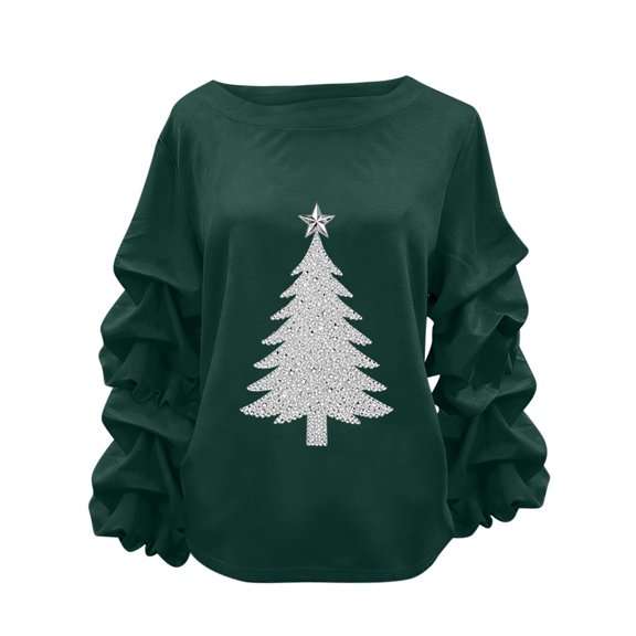 Womens Christmas Sweatshirts Pleated Long Sleeves Christmas Tops Crew Neck Pullover Sweater Blouses Xmas Graphic Dressy Causal Christmas Shirts Top