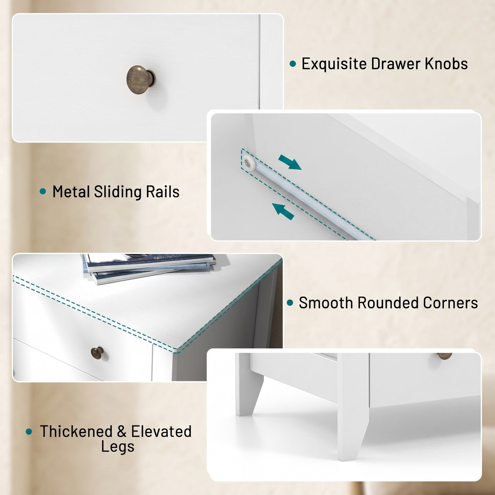 Furnibear 3-Drawer Dresser Chest and Bedside Table with Mute Slide Guides and Antique Brass Knobs for Bedroom and Entryway, White