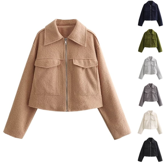 Olyvenn Wool Coats for Women Lapel Zip Up Copped Bomber Jacket Outerwear with Pockets 2025 Lapel Collar Long Sleeve Casual Elegant Coat Green S