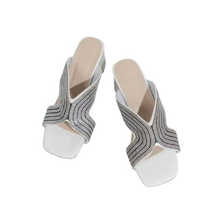 

UKAP Womens Heels Chunky Dress Sandal Rhinestone Heeled Sandals Non-Slip Shoes Women Casual Shoe Slip On Block Heel White 6.5