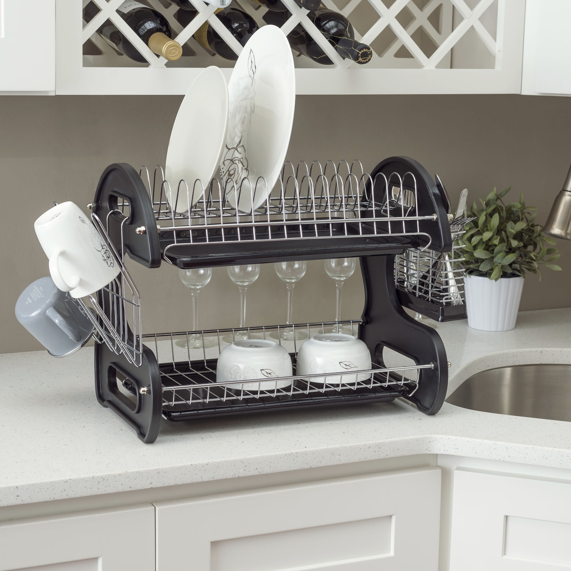 Home Basics 2 Tier Plastic Dish Drainer, Black