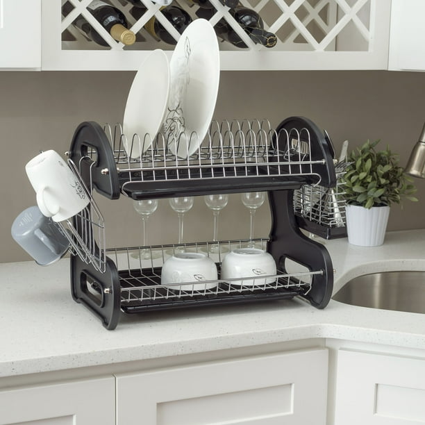 2 Tier Plastic Dish Drainer, Black