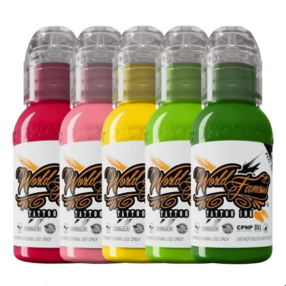 World Famous Botanical Mini Color Tattoo Ink Pigment Set of 5, Vegan, Professional Supplies, 1oz Bottles, Northern Lights, Everglades Green, Illumina