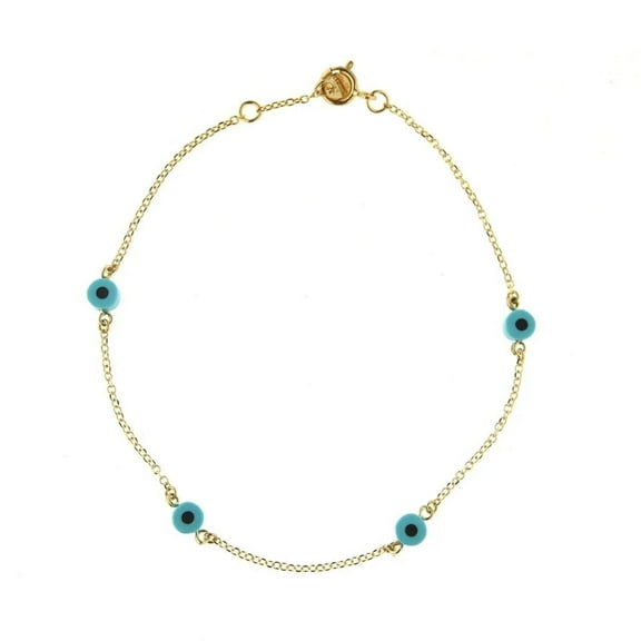 18K Solid Yellow Gold Blue Evil Eye 7 inches bracelet