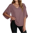 thumbnail image 2 of TGSLY V Neck 3/4 Sleeve Tops for Women Draped Loose Fit Layered Ruffle Flutter Sleeve Bouses Dressy Casual Solid Color Tunic Shirts S, 2 of 10