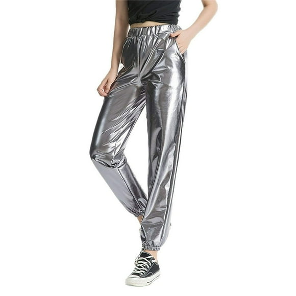 Autumn Women Metallic Shiny Jogger Pants Casual High Waist Holographic Color Cargo Pants Plus Size