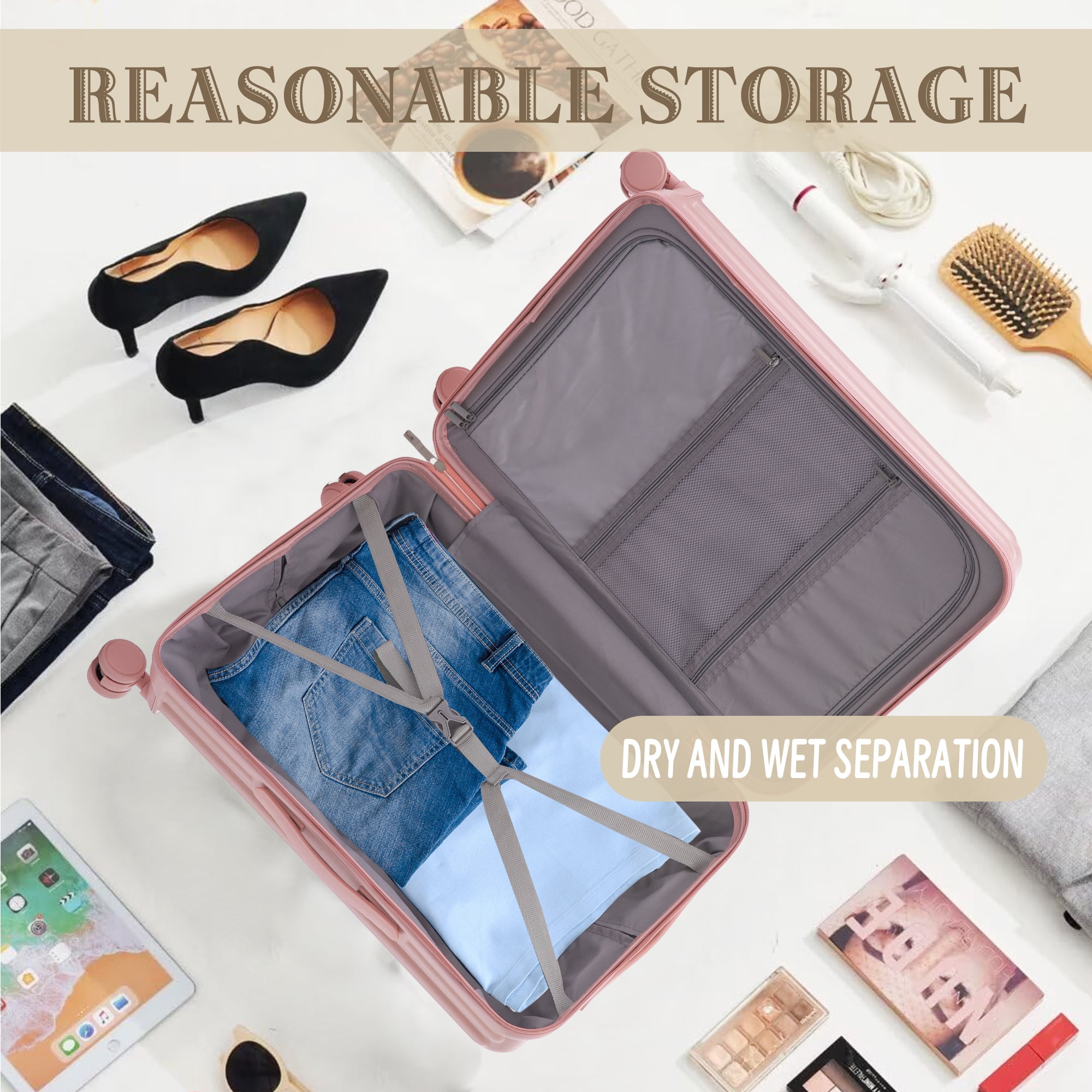 Alvantor 3 Piece Luggage Set, ABS Hardside Spinner Suitcase with USB & Cup Holder 20"24"28" (Pink)