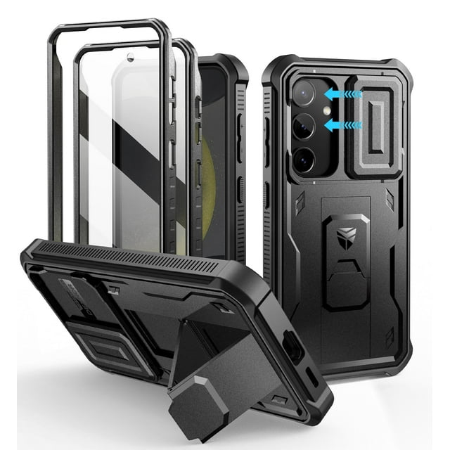 Dexnor for Samsung Galaxy S24 Case with Built-in Slide Camera Cover & Screen Protector & Kickstand, Heavy-Duty Shockproof Rugged Case Full-Body Bumper Protective Cover for Galaxy S24 2024, Black