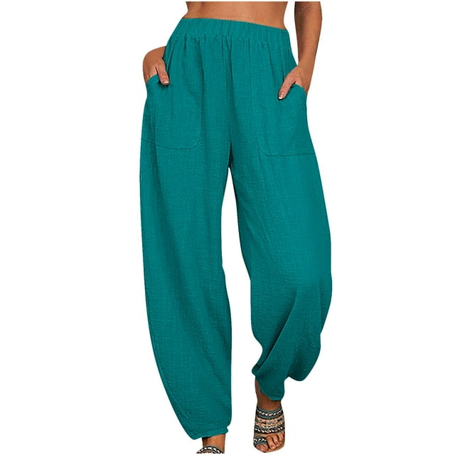 Timegard Womens Cotton Linen Pants Elastic Waist Lightweight Lounge Trousers with Pockets Fall Trend