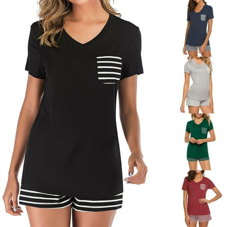 Spring Savings Clearance!Pajamas for Women Plus Size Women s Summer Pajamas Striped V-neck Short-sleeved Shorts Two-piece Suit Home Clothes Lingerie for Women Clearance