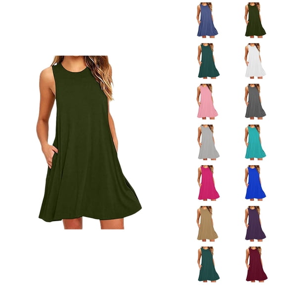 Summer Sundresses for Women Sleeveless Crewneck Loose A Line Flowy Knee Length Dress Beach Vacation Dress