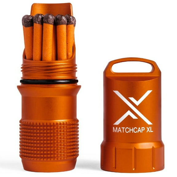 EXOTAC- 004100-ORG-MATCHCAP XL Waterproof Camping Match Kit Holder with Integrated Striker-Orange