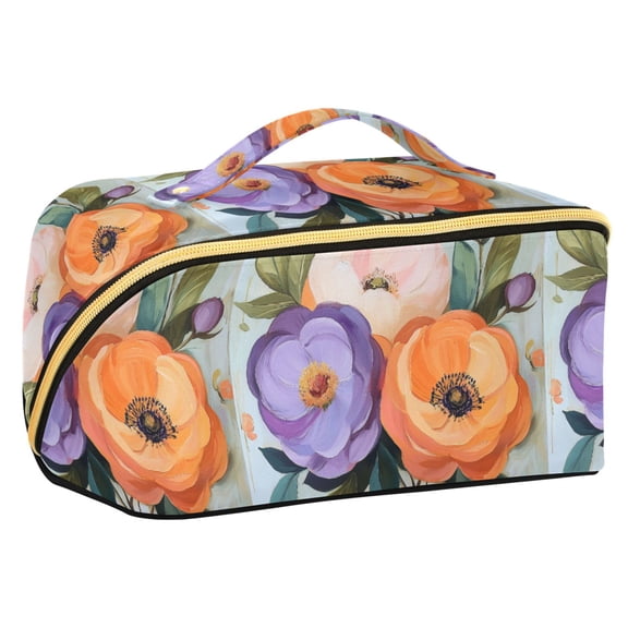 FORMRS Makeup Bag Travel Cosmetic Organizer for Women Fold Flat Zipper Pouch with Handle, Bright Flowers