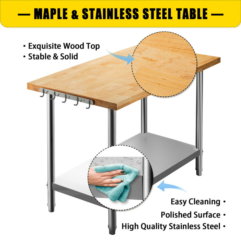 US Maple Top Work Table - 30 x 60 x 35 Inch Commercial Butcher Block Wooden  Workbench with Open Base Stabilizing Leg Cross Braces - Fits Restaurant