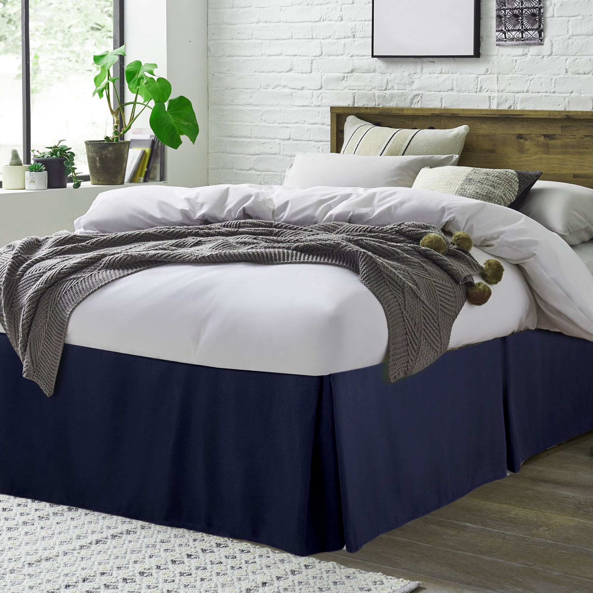 Unique Bargains Solid Pleated Ruffle Bed Skirt 14" Drop Full Navy Blue