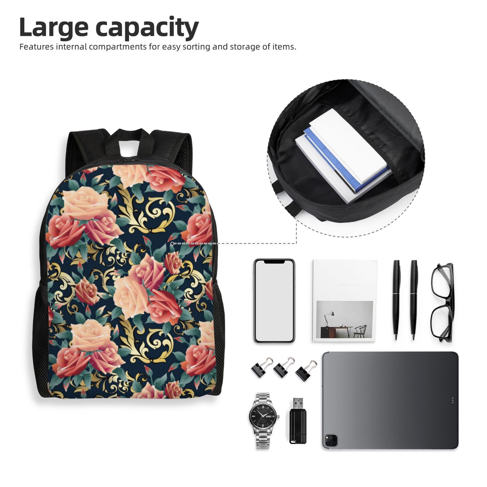 Xecao Rose Flowers Print School Backpack with Laptop Compartment Small Travel Laptop Backpack for Women Men Waterproof College Backpack Simple School Bag