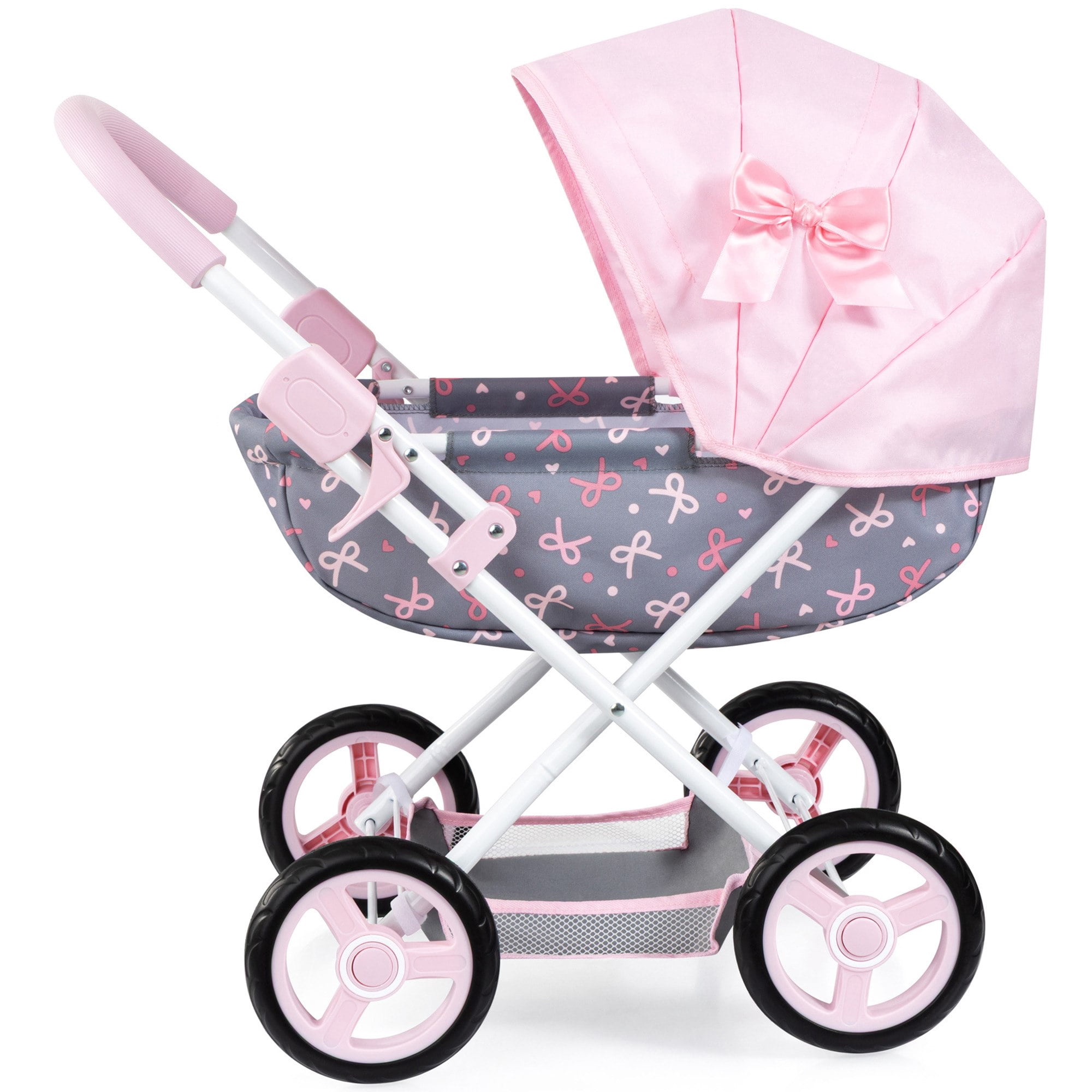 Bayer Design: Doll Pram Cosy - Pink-Grey-Ribbon - Play Push Stroller, Handbag, Blanket & Pillow, Folding, Toy Care Accessory Fits 18" Dolls, Kids 3+