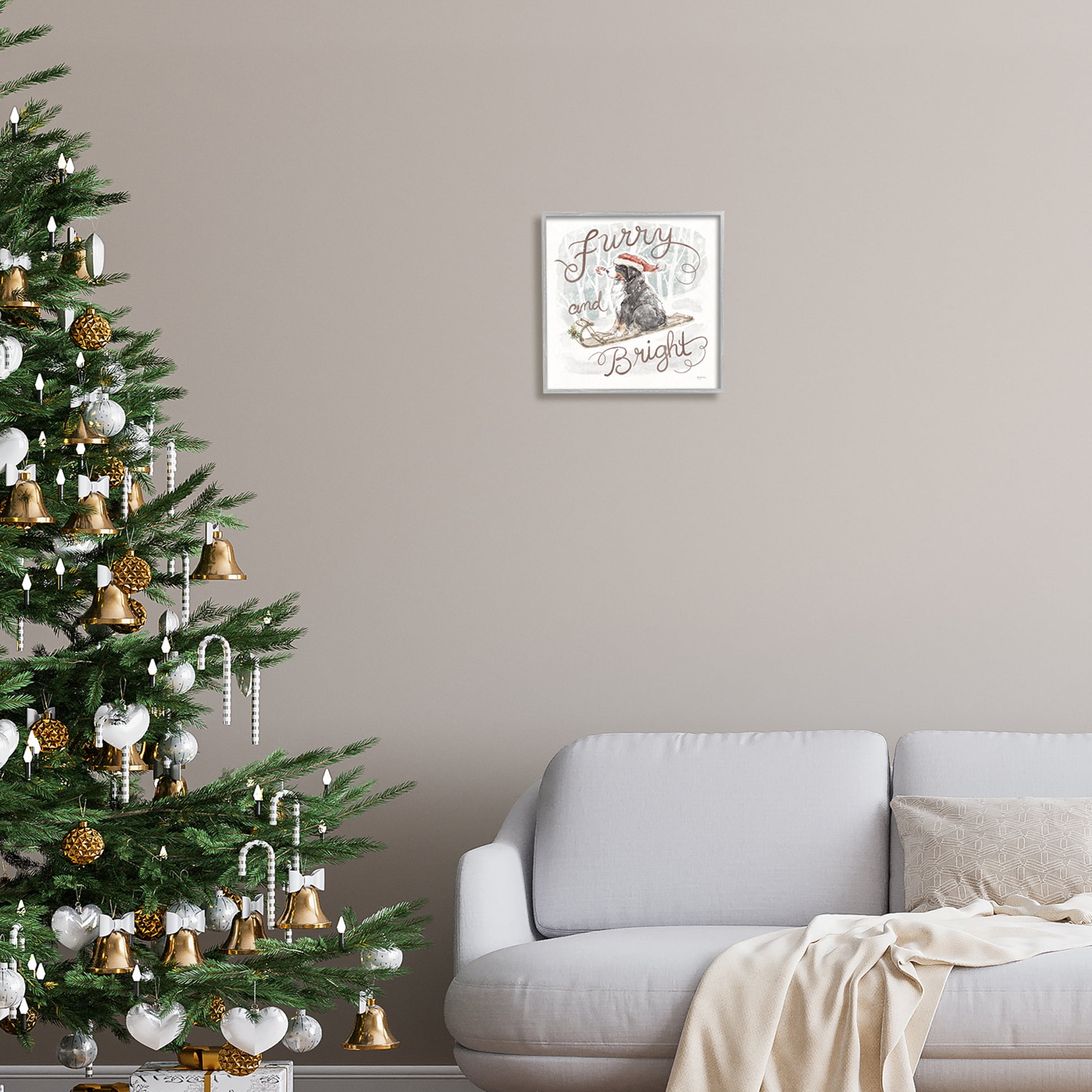 Stupell Industries Furry & Bright Dog Holiday Painting Gray Framed Art Print Wall Art, 12 x 12