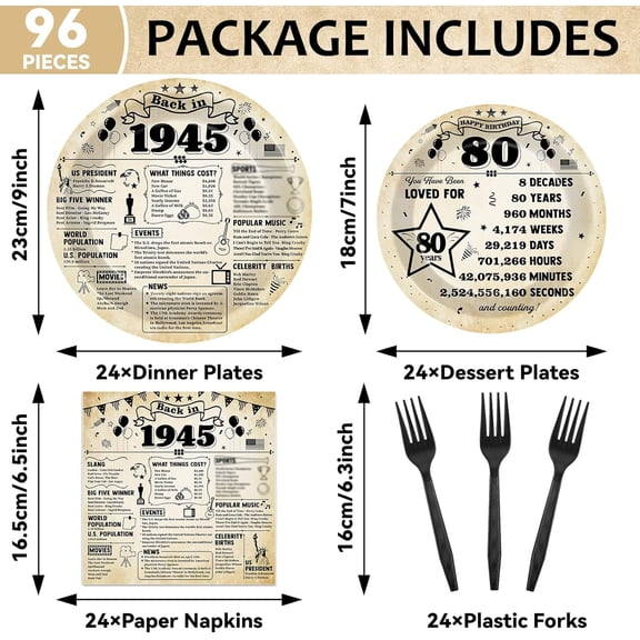 YUYAN-96Pcs Back in 1945 Birthday Plates and Napkins 80th Party Decorations Vintage 80 Year Old Party Dessert Plates 1945 Tableware for 24 Guests 80th Theme Men Women Birthday Supplies ﻿