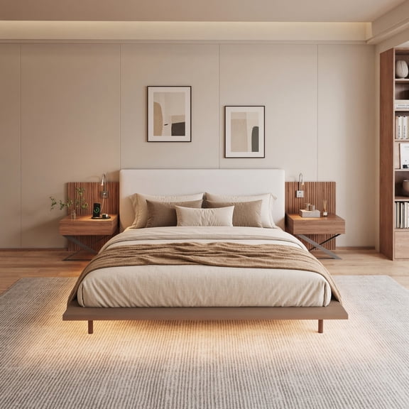 King Size Platform Bed with Nightstands & Reading Lamps, LED Light Strip & Charging Station, Floating Bed Frame with Storage Drawers, Luxury Upholstered Bedroom Set, Beige Gray