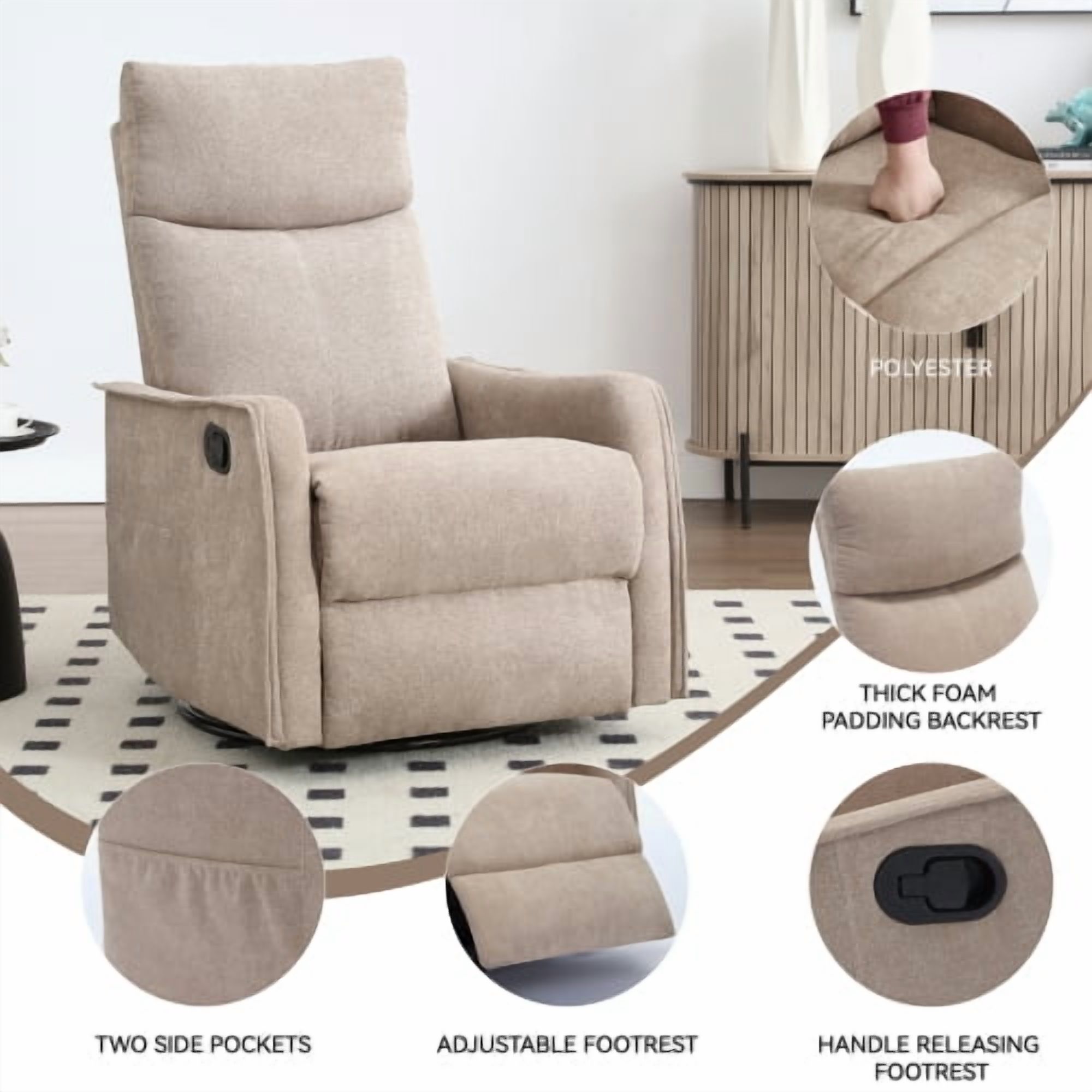 Leumius Recliner Chair with Massage and Heat,360° Manual Swivel Rocker Chair for Adults,Upholstered Fabric Glider Recliner Nursery Chair with Side Pockets for Living Room,Khaki