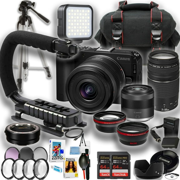 Canon EOS R50 V Mirrorless Camera with 14-30mm and EF 75-300mm Lens   2pc Sandisk 64GB Extreme Pro memory Card   U-Grip   LED Light   Camera Case   More (25pc Bundle)
