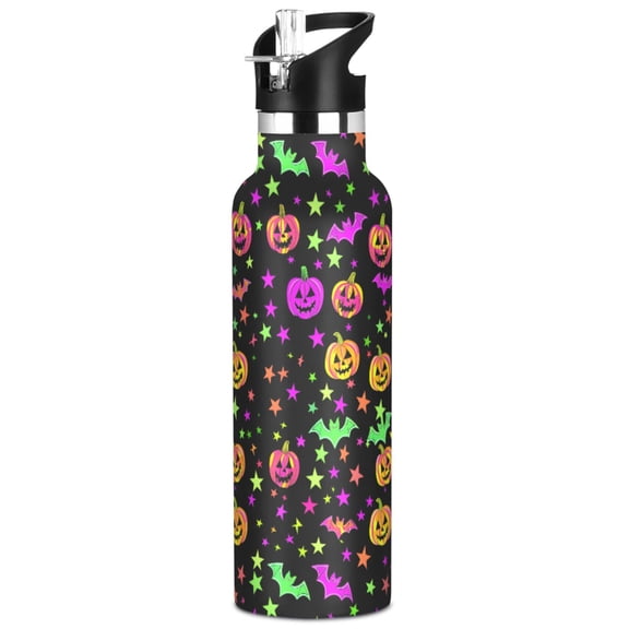 ALAZA Neon Pumpkins Bats Pattern Stainless Steel Water Bottle Vacuum Insulated Leak-Proof Tumbler with Straw Handle 20oz