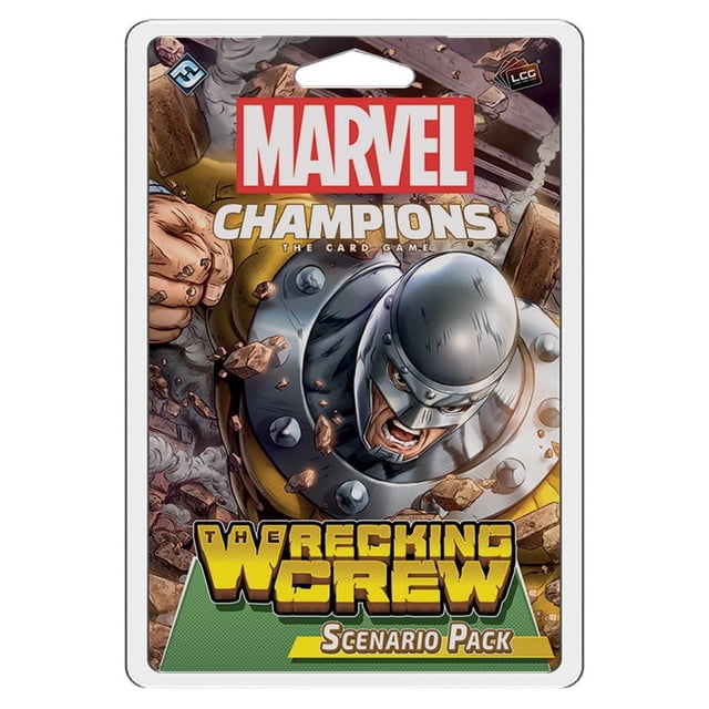 juego de cartas Marvel Champions The Wrecking Crew Scenario Pack — portada en blister con ilustración de Bulldozer rompiendo escombros, logotipo MARVEL en la parte superior y título amarillo 'The Wrecking Crew' en la base; paquete de escenario cooperativo para 1-4 jugadores, 14+ años, con opciones de dificultad variable; a menudo usado para ampliar partidas de campaña.