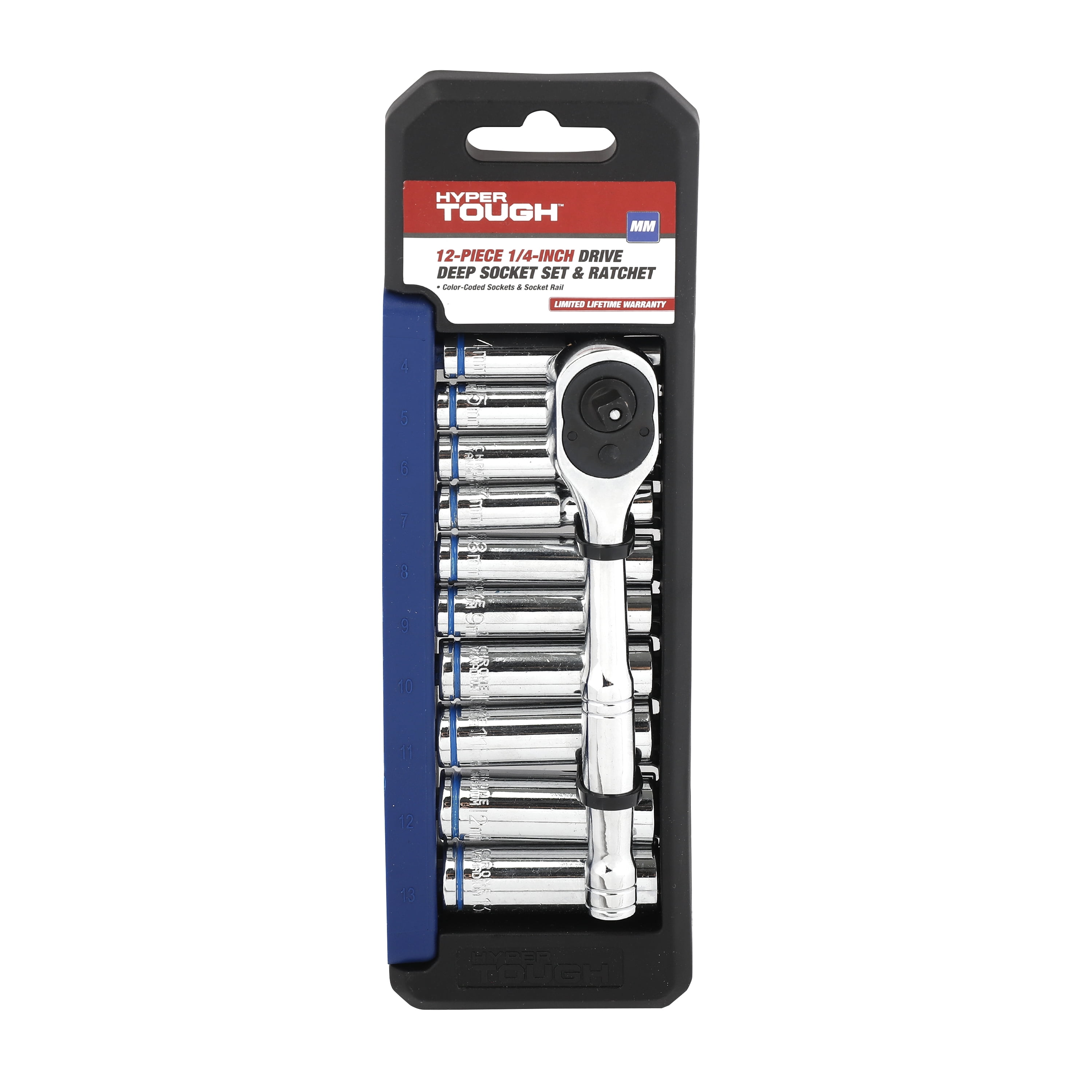 Hyper Tough 12-Piece 1/4-inch Drive Ratchet and Deep Socket Set, mm, Model 30131, New