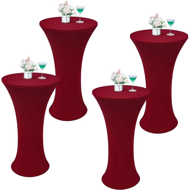 4 Pcs Nappe de Cocktail Ronde Bourgogne 24x43 Pouces Ajustée Extensible Haute pour Table de Cocktail pour Banquet Bar Fête Pub Mariage Intérieur Extérieur