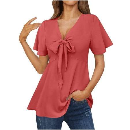 Yyeselk Sexy Women Deep V-Neck Shirts Leisure Bow Tie Front Ruffle Short Sleeves Long Blouses Asymmetric Hem Pure Color Satin Silk Babydoll Summer Tops Watermelon Red S