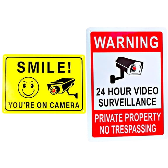 2 Sets Smile You're On Camera Sign and Private Property No Trespassing Video Surveillance Signs Reflective UV Printed Aluminum Warning Signs with 8 Zip Ties for Home Business Indoor Outdoor Use