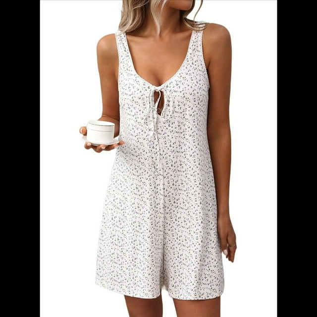 Pijama de una Pieza Sin Mangas con Estampado Floral Fresco, para Estar en Casa, Color , Talla S