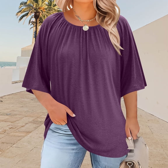 HongQid Plus Size Tops for Women Summer Top Loose Fit Tee Shirts V Neck Pleated Short Sleeve Blouse