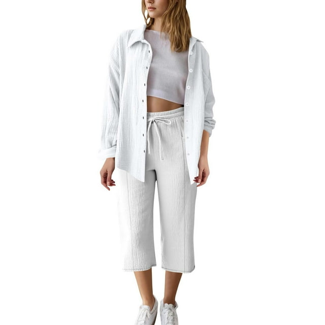 Floleo Ensemble Blouse à Manches Longues et Capris d'Été pour Femmes avec Poche, Col Rabattu, Tenue Décontractée et Confortable pour le Travail, les Rendez-Vous, les Vacances, Toutes Saisons, Mode Polyester (Blanc, M)