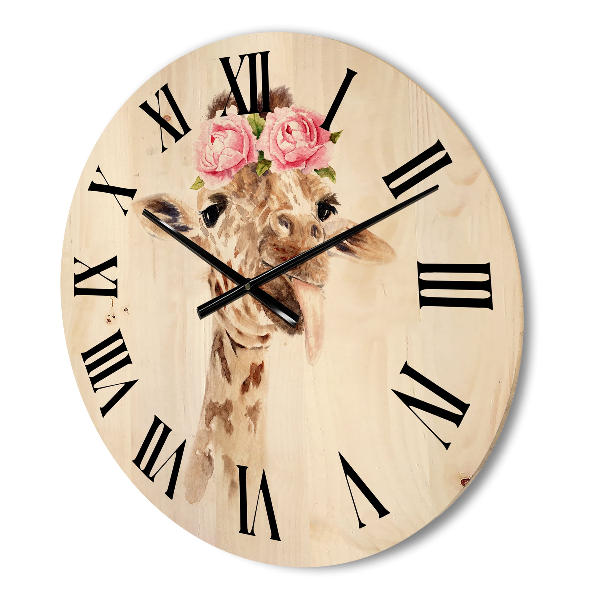 Designart 'Portrait of A Giraffe With Pink Flowers' Farmhouse Wood Wall Clock