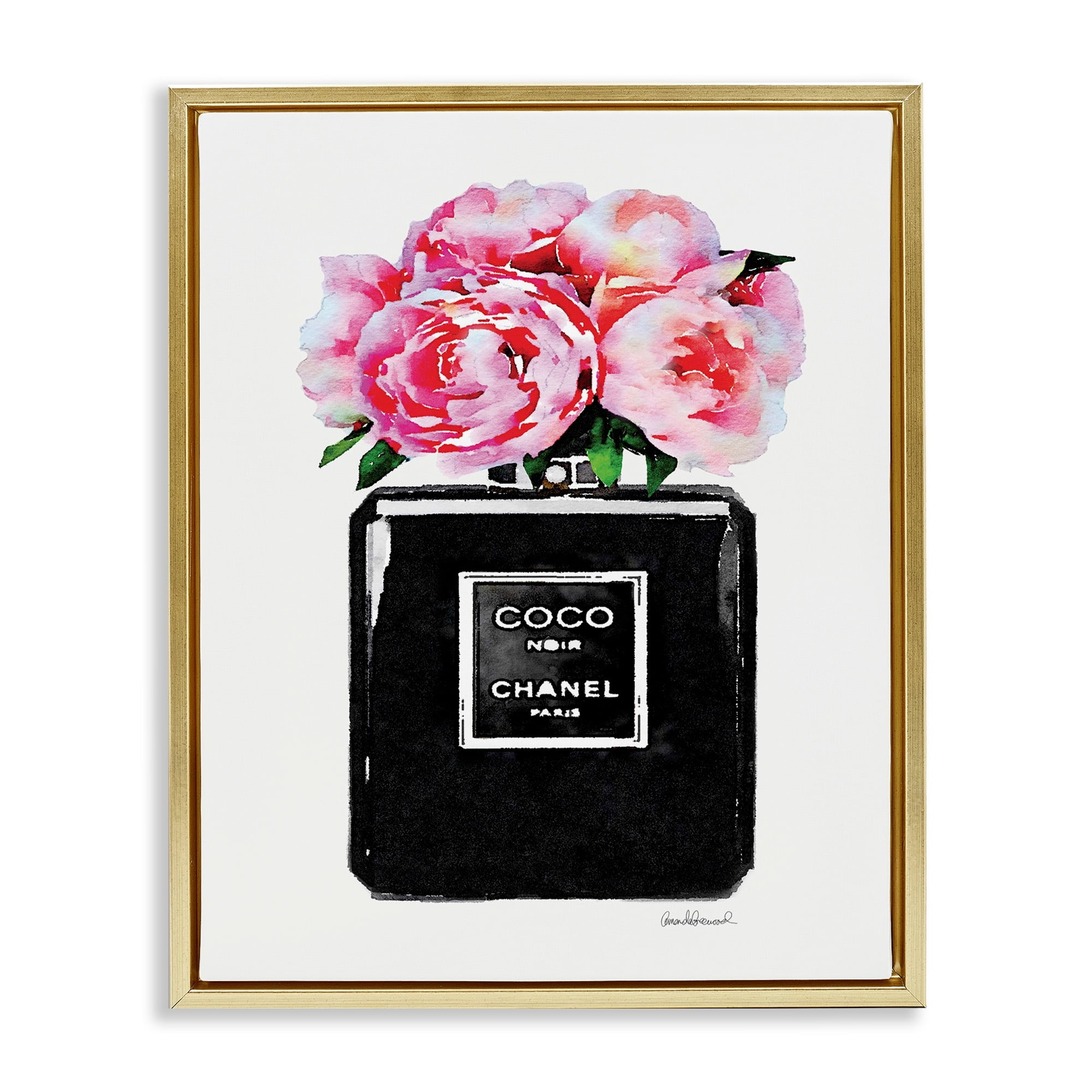 Stupell Industries Glam Perfume Bottle Flower Black Peony Pink Metallic Gold Framed Floating Canvas Wall Art, 24x30, by Amanda Greenwood