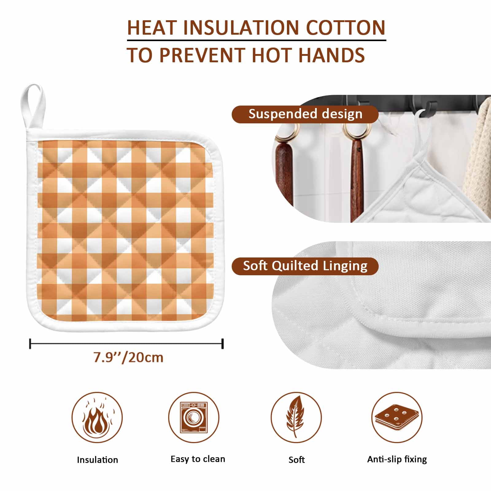 Orange Plaid Pot Holders for Kitchen Heatproof Potholder, 5 Pack Gradient Geometric Buffalo White Checkered Hot Pads Multipurpose Oven Pads Cloth Potholders Trivet for Cooking Baking
