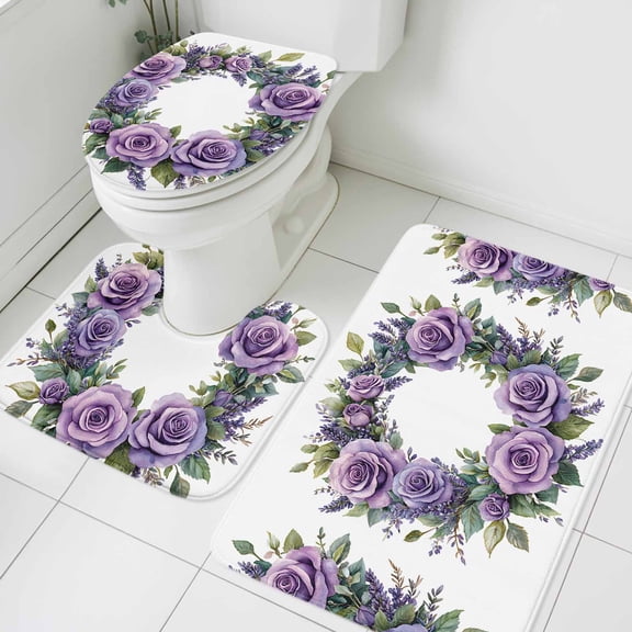 Spring Flower Bathroom Rugs Set Purple Rose Wreath Non Slip Absorbent Soft Bath Mats 3 Piece Set with Bathroom Rug, U-Shaped Floor Mat, Toilet Seat Cover Small Size