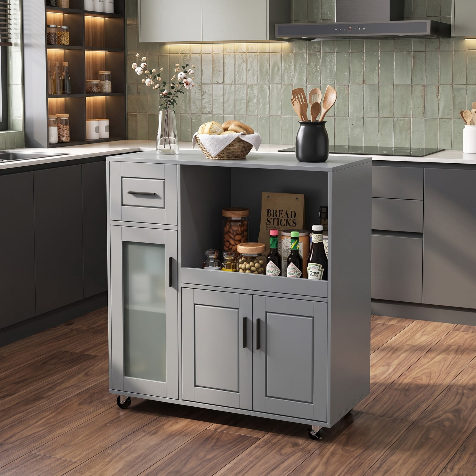Furnibear Rolling Kitchen Island Cart with Wheels, Drawer, Frosted Glass Door Cabinet and Adjustable Shelf, Mobile Storage Trolley for Kitchen Dining Room, Gray