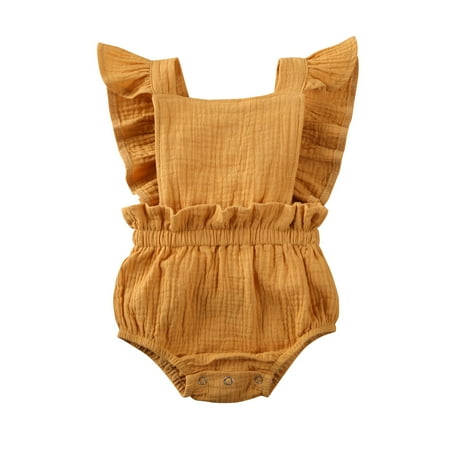 

jaweiw Baby Girls Romper Solid Color Style Sleeveless Ruffle Decorated Elastic Waist Bottom Snap Button Start Jumpsuit