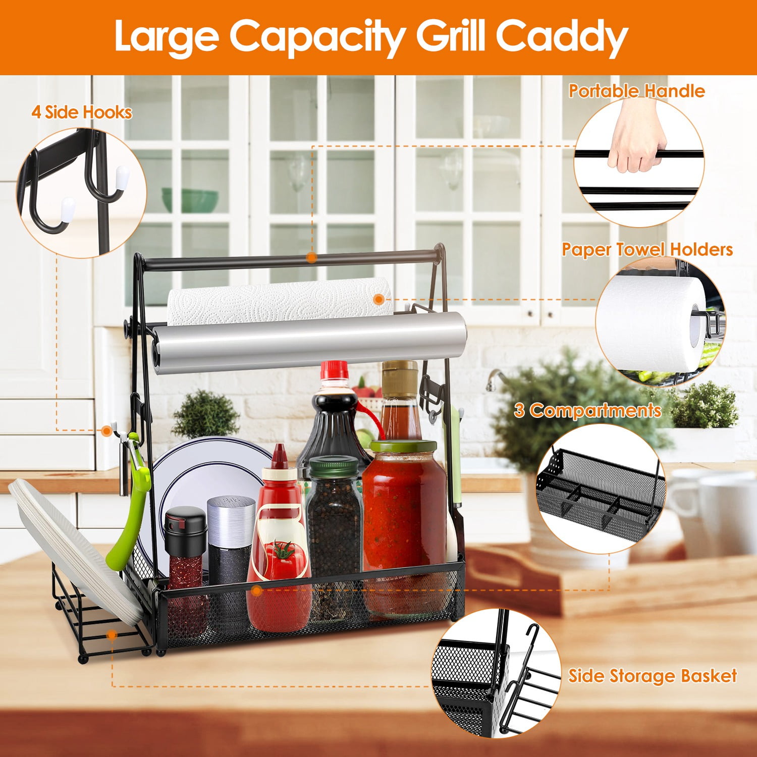 Moclever Utensil Caddy with Paper Holder, Rustproof Metal Grill Caddy for Outdoor Picnic Barbecue Camping, 14.76x6.69x14.96in