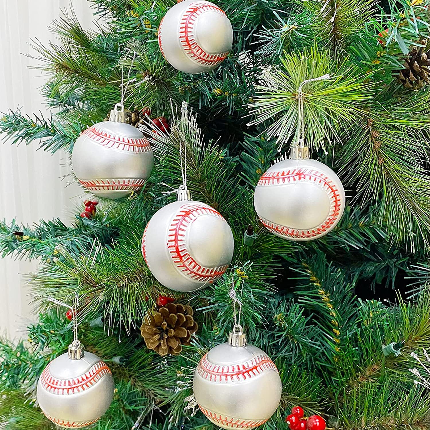 TURNMEON 6 Pack Baseball Christmas Ball Ornaments Christmas Decorations 2.36 Inch Shatterproof Xmas Tree Ornaments Balls with Hanging Loop for Holiday Party Christmas Decorations Indoor Outdoor Home