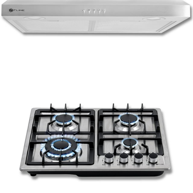 FLINE | Combo parrilla de gas y Campana Acero Inoxidable | 60 cm| acero inxodable| 4 quemadores | Controles boton | MA4TA60