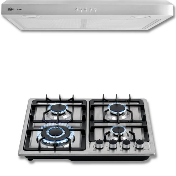 FLINE | Combo parrilla de gas y Campana Acero Inoxidable | 60 cm| acero inxodable| 4 quemadores | Controles boton | MA4TA60