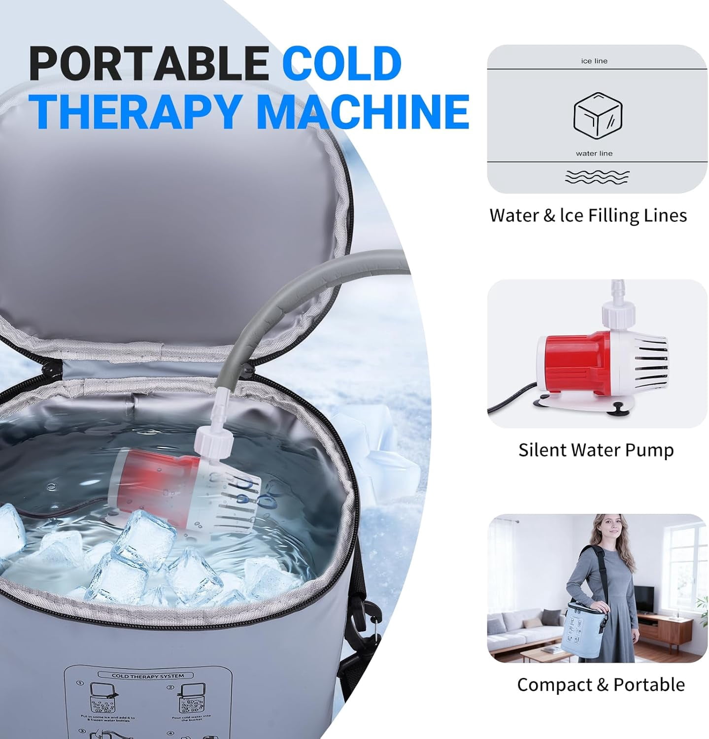 Cold Therapy Machine, Ice Machine w/Timer, Portable Cold Water Circulation System with Pump, 5 Flow Settings & 6 Timer, Ice Therapy Cooling Pad for Knee Shoulder Hip Ankle